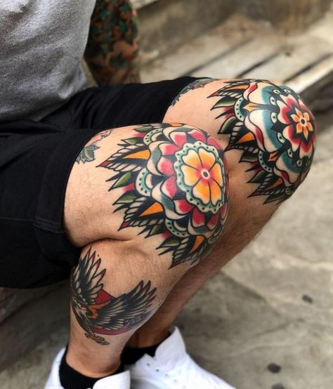 100 Best Traditional Tattoos Of All Time - TheTatt Weird American Traditional Tattoo, Traditional Tattoo Knee, Traditional Mandala Tattoo, Man With Tattoos, Traditional Tattoo Inspiration, Neotraditional Tattoo, Model Tattoo, Traditional Style Tattoo, Traditional Sleeve