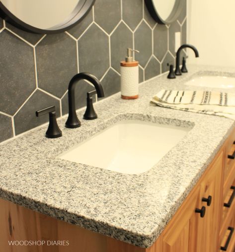 How to Install a Granite Countertop on Bathroom Vanity Granite Sink Bathroom, Oak Vanity Bathroom, Bathroom Granite, Woodshop Diaries, Granite Bathroom Countertops, Granite Bathroom, Workshop Projects, House Upgrades, Oak Bathroom Vanity