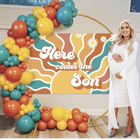 Here Cones The Son Baby Shower Ideas, 70s Themed Gender Reveal, Groovy Gender Reveal, Retro Gender Reveal Party, Here Comes The Son Baby Shower Decor, Here Comes The Son Balloon Backdrop, Here Comes The Son Balloon Arch, Here Comes The Son Baby Shower Backdrop, Orange Blue Yellow Balloon Arch