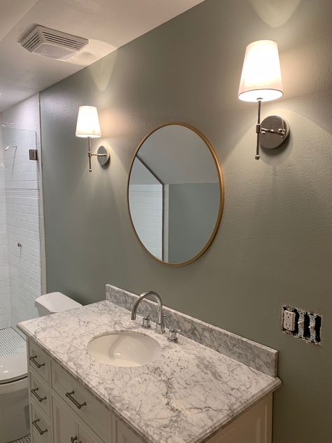 Warm Green Bathroom Makeover on a Budget | Oyster Bay Sherwin Williams Sherwin Williams Oyster Bay Bathroom, Sw Oyster Bay Bathroom, Oyster Bay Bathroom, Green Color Bathroom, Green Painted Bathroom, Sw Oyster Bay, Sherwin Williams Oyster Bay, Oyster Bay Sherwin Williams, Install Glass Shower Door