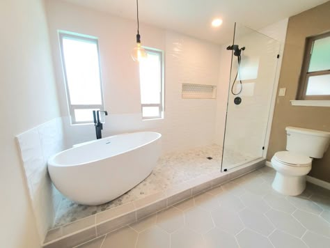 Plano TX,  master bathroom full remodeling
New bigger shower,  freestanding tub, flooring,  lighting,  vanity,  new closet Bathtub Combo, Bathroom Tub Shower Combo, 2024 Bathroom, Wet Room Bathroom, Bathtub Shower Combo, Master Bath Shower, Bathroom Tub Shower, Tub Ideas, Bath Renovation