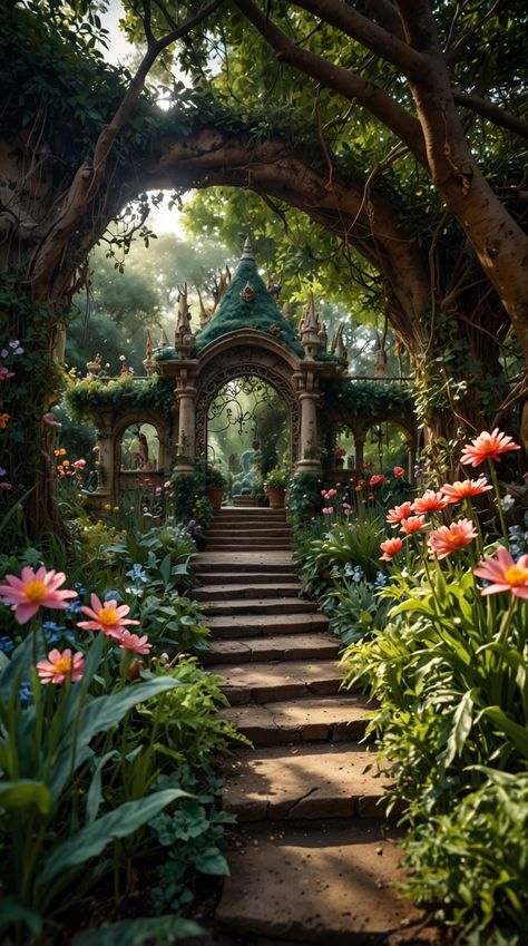 Enchanted Village Aesthetic, Fantasy Places Secret Gardens, Fairy World Aesthetic, Fairy Staircase, Magic Garden Aesthetic, Magical Garden Fairytale, Ethereal Architecture, Setting Aesthetic, Fairy School