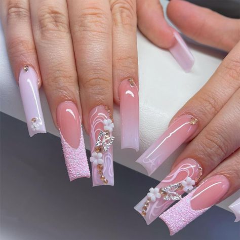 PRICES MAY VARY. [Package Content] You will get 24 pieces of IMSOHOT long square press on nails, a small clear box with glue, and you can trim it to any length you want~ [Quality Material] These pink flower press on nails are made of quality acrylic material, non-toxic and gentle to your nails and skin, durable and not easy to be scratched, will give you a nice manicure experience. [Easy to Use] After trimming and cleaning your nails, choose a false nail that is suitable for your own nail size, Square Nails Medium Length, Pink Nails Flower, Nails Long Pink, Nails With Butterfly, Pink Bling Nails, Square Press On Nails, Gold Acrylic Nails, Press On Nails Long, Fake Nails Long