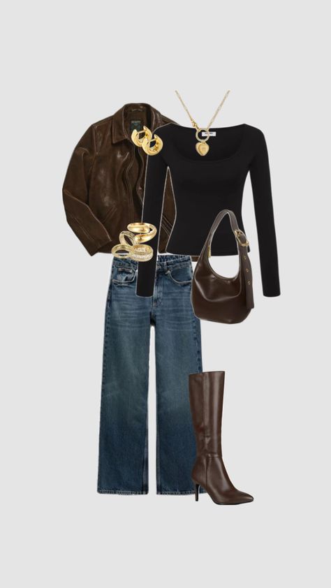 Black And Brown Fall Outfits, Outfit Ideas Brown Boots, Brown Black And White Outfit, Brown Boots Black Jeans, Dark Brown Color Combinations Outfits, Brown And Black Outfits, Outfit With Brown Boots, Outfits With Brown Boots, Black Brown Outfit