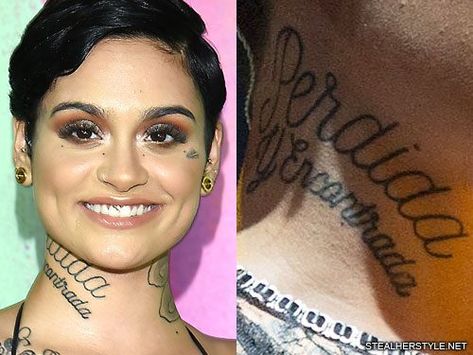 Kehlani Spanish, Writing Neck Tattoo | Steal Her Style Kehlani Tattoos, Jason Aldean Tattoos, Kehlani Tattoo, Tattoo On The Side, Spanish Tattoos, Black Men Tattoos, Face Tattoos For Women, Spanish Writing, Family Tattoo Designs