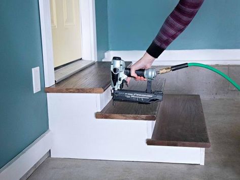 How to Build Garage Steps | HGTV Build A Garage, Garage Steps, Garage Stairs, Mud Room Garage, Garage Entryway, Garage Party, Garage Organization Tips, Wooden Staircase, How To Build Steps