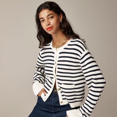 Relaxed Emilie sweater lady jacket in stripe J Crew Outfits Women, Lady Jacket, Ribbed Sweater Dress, Bubble Skirt, J Crew Men, Summer Outfit Inspiration, Jcrew Women, Christmas 2024, Suit Shop