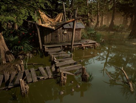 Swamp House Aesthetic, Swamp House Concept Art, Swamp Architecture, Swamp Environment, Pirate Port, Swamp Aesthetic, Swamp Shack, Swamp House, Gradient Map