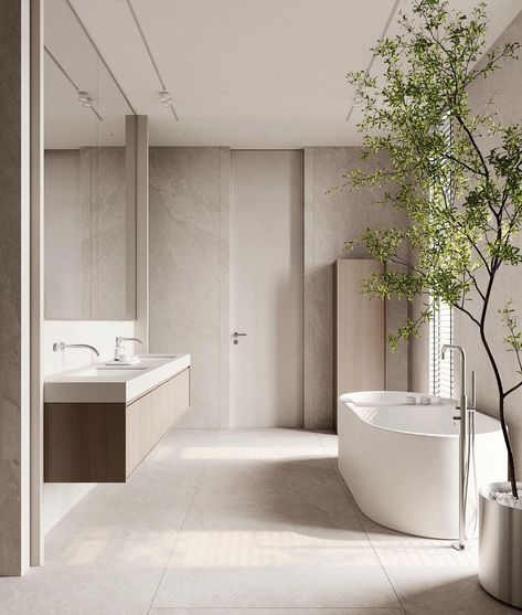 Moscow-based designer Yana Demidovich shows how nature can lend a hand to minimalist interiors, bringing this simple bathroom to life with a potted tree blooming in the corner. Bye Bye 2022, Bye 2022, Bathroom Minimal, Minimalist Toilets, Singapore House, Luxury Bathroom Design, Toilet And Bathroom Design, Bathroom Red, Toilet Design