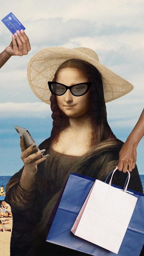 Mona Lisa shopping mobile wallpaper, Da Vinci's famous painting remixed by rawpixel | premium image by rawpixel.com / Adjima Funny Mona Lisa, Shopping Poster, Leonardo Vinci, Mona Lisa Parody, Instagram Branding Design, Summer Humor, Awesome Designs, Social Media Design Inspiration, Aesthetic Painting