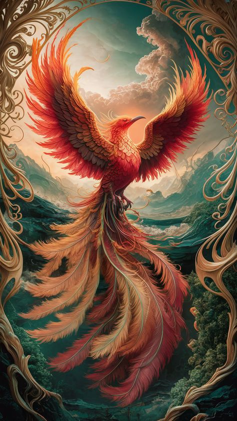 Immerse yourself in the stunning beauty of this phoenix wallpaper, where a magnificent bird rises from ashes in radiant hues of red, orange, and gold. Set against a mystical landscape, intricate Art Nouveau patterns frame the scene, while the interplay of light and shadow captures the essence of transformation. Perfect for those seeking art inspired by mythology, nature, and vivid landscapes. Download now for your device! Dragon And Phoenix Wallpaper, Rising Phoenix Wallpaper, Pheonix Aestethic Wallpaper, Phoenix Bird Wallpaper, Phoenix Wallpaper Hd, Real Phoenix Bird, Phoenix Warrior, Mystic Animals, Tato Phoenix