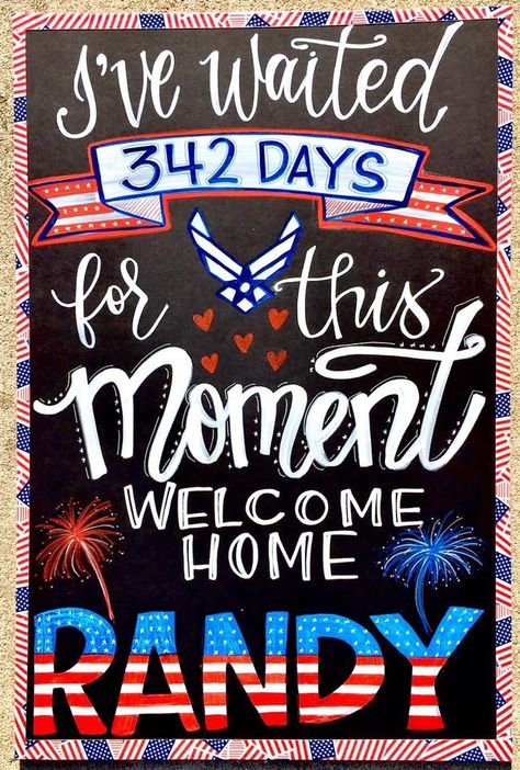 Military homecoming sign / Deployment Sign / Welcome Home / Armed Forces / Navy / Army / Marines / Air Force / Chalkboard / www.facebook.com/charlestonchalkchick for more pics and inquiries / charlestonchalkchick@gmail.com Air Force Welcome Home Signs, Army Welcome Home Signs, Deployment Homecoming Ideas, Welcome Home Ideas For Family, Marine Homecoming Signs, Military Welcome Home Signs, Welcome Home Signs For Military, Deployment Homecoming Signs, Military Homecoming Signs