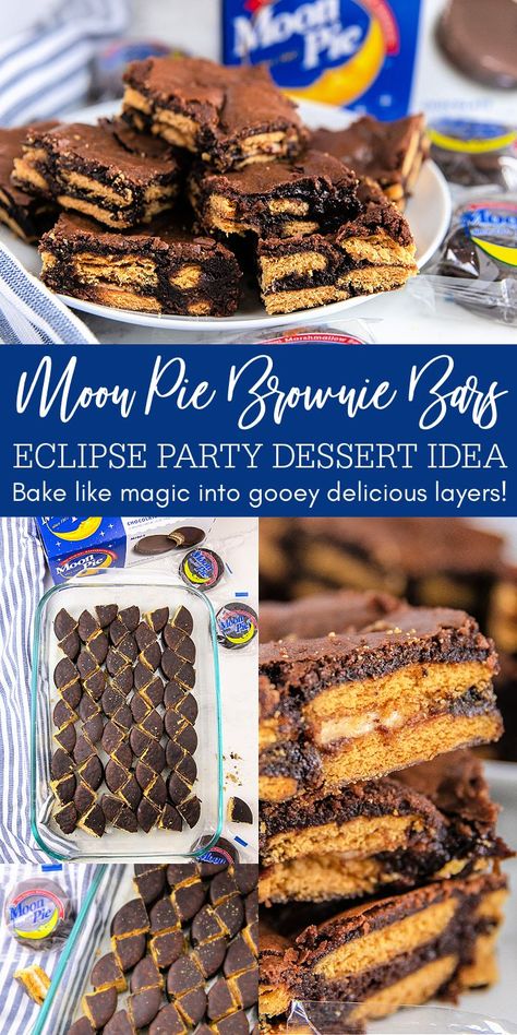 Moon Pie Brownie Bars – Easy Eclipse Party Dessert for a Crowd! Watch Party Food, Solar Eclipse Party, Dessert For A Crowd, Layer Dessert, Eclipse Party, Pie Brownies, Moon Pie, Brownie Bars, Moon Pies