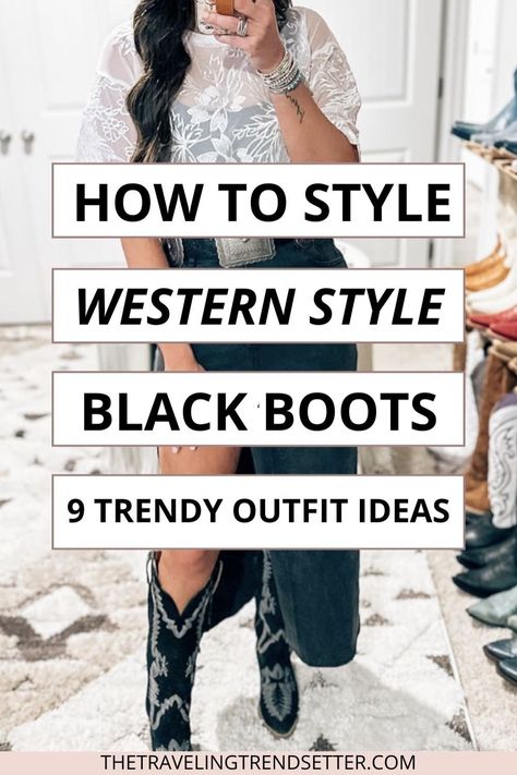 Step into Women's Fashion perfection with Black Western Boots. This post showcases versatile ways to wear Western Boots and incorporate them into your wardrobe. These Women's Shoes are perfect for creating bold, chic, and on-trend outfits for any occasion. How To Style Cowgirl Boots, Black Western Boots Outfit, Casual Cowgirl Outfits, Ankle Booties Outfit, Cowboy Boots Outfit Winter, Western Boot Outfit, Black Cowboy Boots Outfit, Western Boots Outfit, Fringe Cowboy Boots