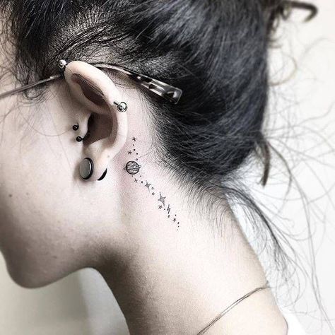 Tattoos Behind The Ear, Behind The Ear Tattoos, Planet Tattoo, Behind Ear Tattoos, Ear Tattoos, Galaxy Tattoo, Inspiration Tattoos, Tattoo Girls, Tiny Tattoo