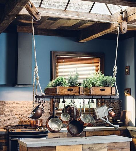 pot rack on a pulley system!  LOOK at the cool skylight...makes sense to put herbs on the shelf: Rustic Pot Racks, Pot Rack Hanging, Pulley System, Kitschy Kitchen, Kitchen Pot, Pot Rack, Hanging Pots, Kitchen Rack, My Kitchen