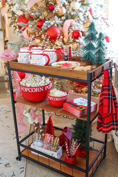 Christmas Movie Night Bar Cart - BentleyBlonde Hot Coco Cart, Christmas Movie Night Aesthetic, Hot Cocoa Bar Cart, Movie Night Bar, Family Christmas Movie Night, Holiday Candy Bar, Creative Accent Wall Ideas, Christmas Bar Cart, Creative Accent Wall