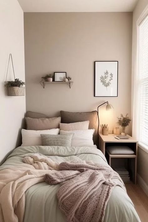 Bedroom Inspo Beige Walls, Bedroom Ideas Taupe Walls, Apartment Bedroom Color Schemes, Taupe Room Ideas, Minimalist Bedroom Color Palette, Modern Bedroom Ideas For Small Rooms, Sage Bedding Aesthetic, Bedroom Tan Walls, Cream Walls Bedroom