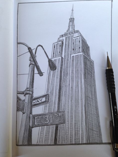 Empire State Building, New York Sketch drawing Empire State Building Drawing, New York Sketch, Buildings Sketch Architecture, Nyc Drawing, Perspective Architecture, New York Drawing, Skyline Drawing, New York Painting, New York Buildings