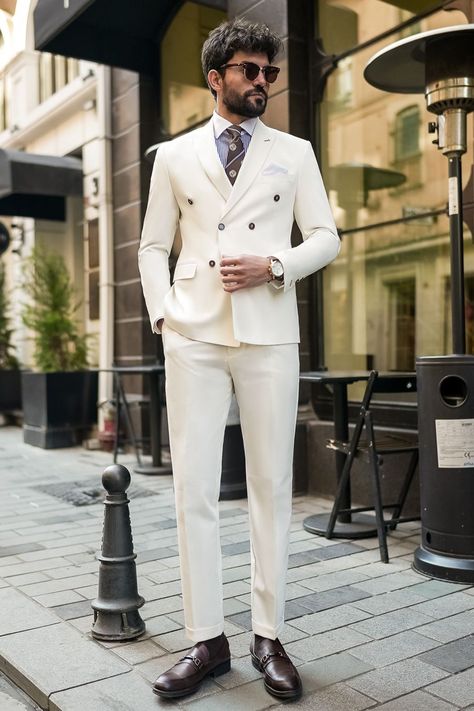 Radiate brilliance in our Blanc White Double Breasted Suit 2-Piece. Like a blank canvas, this ensemble allows you to paint your style with confidence and flair. Illuminate any room with your undeniable charm and sophistication.  #doublebreasted #whitesuit #suit #suits #slimfit #menstyle #menfashion #fashioninspo #formalwear #menclothing #formalattire White Suit For Men, Mens White Suit, Bow Tie Suit, Modern Fit Suit, Suit Styles, Suit Stores, Suit Combinations, Slim Fit Suit Men, Summer Suit