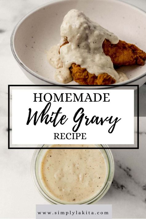 Try making this Homemade White Gravy, which is the perfect addition to so many Southern dishes. It's a simple gravy recipe that only requires five basic ingredients for a thick, creamy, and delicious gravy the whole family is sure to love. simplylakita.com #whitegravy