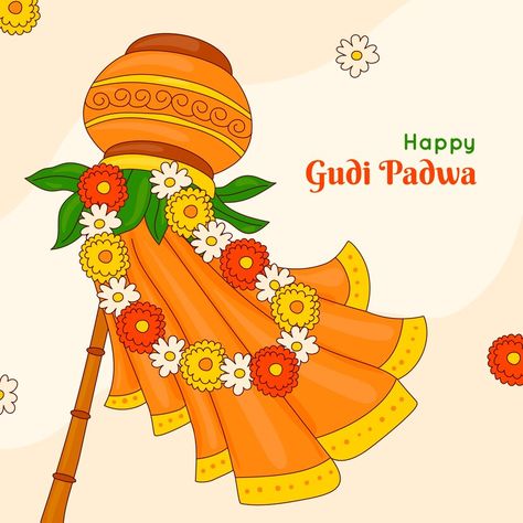 Free Vector | Hand drawn illustration for gudi padwa festival Gudi Padwa Drawing For Kids, Gudi Padwa Drawing Easy, Gudipadwa Drawing, Gudi Padwa Illustration, Gudi Padwa Drawing, Padwa Rangoli, Ready Rangoli, Ganesh Art Paintings, Gudi Padwa