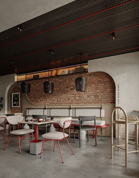 MASHWNA RESTAURANT IN JIZAN :: Behance Industrial Theme Restaurant, Burger Interior Design, Red Accent Chairs, Industrial Restaurant Interior, Arabian Restaurant, Cafe Space, Insignia Design, Shoe Store Design, Modern Restaurant Design