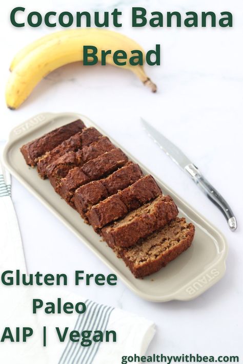 This coconut banana bread is simple and easy to make. A banana bread with coconut oil and shredded coconut for a delicious coconut flavor. This recipe is vegan, paleo and AIP compliant. Coconut Flour Banana Cake, Banana Bread Coconut Flour, Aip Banana Bread, Banana Bread No Eggs, Banana Bread With Coconut, Coconut Flour Banana Bread, Aip Baking, Banana Bread Vegan, Aip Snack