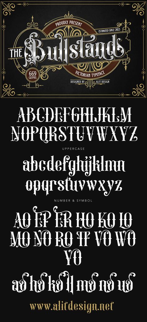 The “Bull Stand Victorian” typeface is a distinctive and ornate font that exudes the elegance and intricacy of the Victorian era. This font is a testament to the attention to detail and craftsmanship that characterized the design aesthetics of that period. The typeface draws inspiration from the decorative elements and elaborate typography that were prevalent during the 19th century. Victorian Alphabet Letters, Victorian Font Typography, Gothic Design Elements, Victorian Fonts Alphabet, Victorian Lettering Alphabet, Typo Design Typography, Old Fonts Vintage, Vintage Typography Alphabet, Vintage Lettering Alphabet