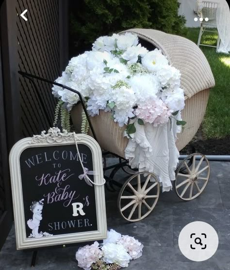 Baby Pram Decoration Ideas, Vintage Baby Carriage With Flowers, Vintage Baby Shower Decorations, Vintage Baby Shower Ideas, Pram For Baby, Vintage Baby Shower Theme, Victorian Baby Shower, Baby Shower Chair, Baby Shower Announcement