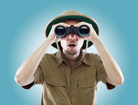 Surprised explorer looking through binoculars. Young man wearing a pith helmet l , #Aff, #Young, #man, #wearing, #Surprised, #explorer #ad Pith Helmet, Military Outfit, Creative Icon, Binoculars, Blue Backgrounds, The Man, Round Sunglasses, Stock Images, Stock Photos