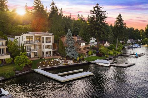 Mercer Island, Washington Mercer Island Washington, Beach Houses For Sale, Stone Fireplace Wall, Billionaire Luxury, Wood Staircase, Mercer Island, Stucco Exterior, Lake Living, Modern Beach House