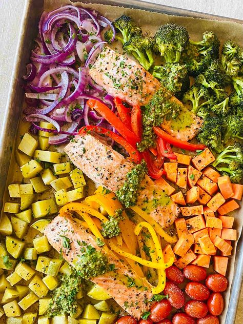 Sheet Pan Salmon and Veggies - Aubrey's Kitchen Sheet Pan Salmon And Veggies, Salmon And Veggies, Sheet Pan Salmon, Mediterranean Recipes Healthy, Pan Salmon, Mediterranean Diet Recipes Dinners, Sweet And Spicy Chicken, Easy Sheet Pan Dinners, Easy Mediterranean Diet Recipes