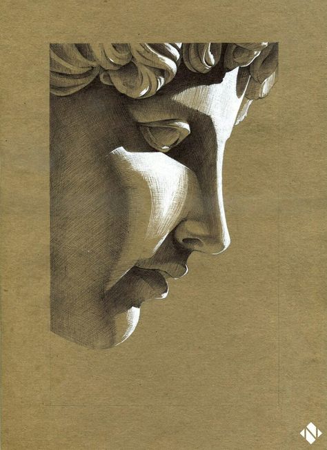 Drawings On Toned Tan Paper, Tan Sketchbook Art, Toned Tan Paper Art Sketches, Tan Toned Paper Drawing, Weeping Angel Drawing, Classical Art Drawing, Angel Face Drawing, Brown Paper Art Drawing, Sculpture Art Drawing