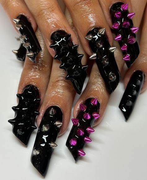 studded 🩷🖤 #nailart #londonnailtech #londonnails #gelx Black And Metallic Nails, Nails With Spikes, Spiked Nails, Rock Nails, London Nails, Metallic Nails, Girly Things, Nail Inspo, Nail Ideas