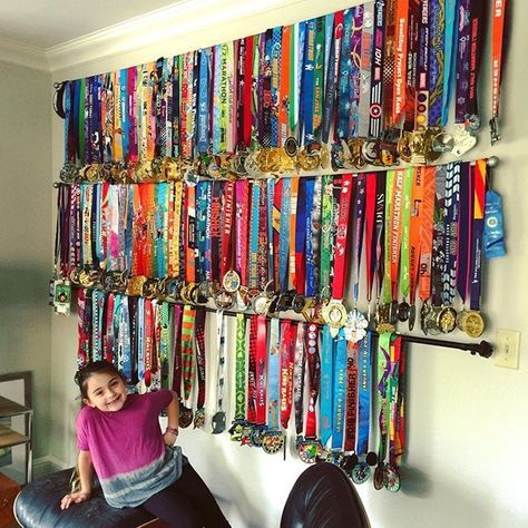 Medal wall. How to display your race medals. Medal Monday Pictures. Marathon medal racks. Medal Display Case, Marathon Medal Display, Race Medals, Marathon Medal, Medal Display, New And Improved, Display Rack, Wall