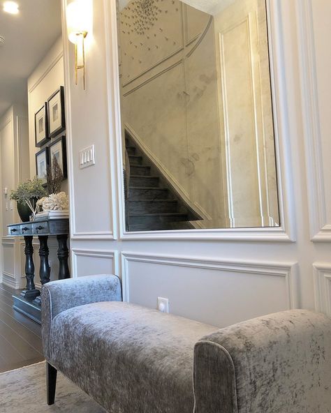 M E M I A / I N T E R I O R S on Instagram: “A bespoke antique mirror with custom panelling and furniture in the front entrance hall at our South Bolton project. A narrow space that we…” Mirror Panelling, Mirror Panel, Georgian Townhouse, Entrance Hall, Front Entrances, Entry Foyer, Wainscoting, Antique Mirror, Hallway