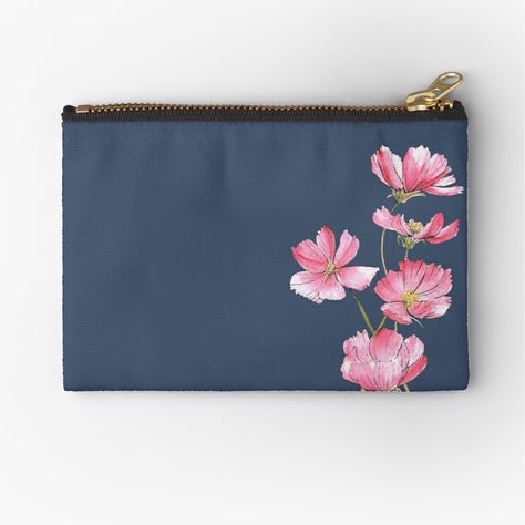 "Pink Cosmos Flowers Watercolor Painting" Zipper Pouch by RatnaArts | Redbubble Canvas Pouch Painting, Pouch Painting Ideas, Pouch Painting, Pink Cosmos Flowers, Painted Canvas Bags, Painted Leather Bag, Pink Cosmos, Handpainted Bags, Cosmos Flowers