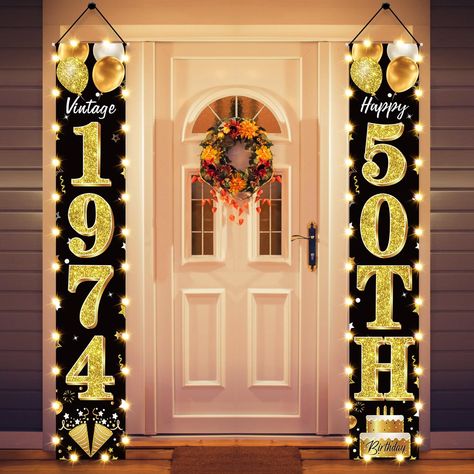 50th Birthday Party Banner Lighted Decorations for Men and Women - Black Gold Birthday Decorations Door Banners with LED Light, Fifty Years Birthday Party Supplies for Indoor Outdoor Decor