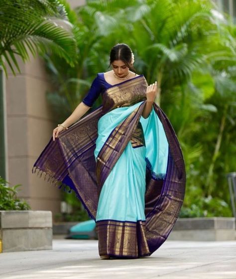 The Most Stunning South Indian Bridal Looks Of 2019! Saree Color Combinations, Blue Silk Saree, Kanjivaram Sarees Silk, Indian Bridal Sarees, Wedding Saree Collection, South Indian Sarees, Saree Poses, Sari Dress, Saree Photoshoot