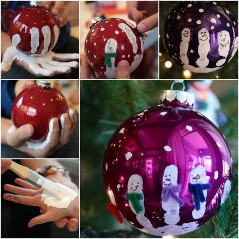 Fab Christmas Baubles Idea To Do With The Kids! Love this idea! Here are some tips! You can use any glass ball ornament Do it one child at a time! Start by painting the hand with regular craft paint Then put the bauble in the middle of their flat palm with their fingers out Get … Hand Print Snowman, Snowman Handprint Ornament, Christmas Decorating Hacks, Handprint Ornaments, Handprint Christmas, Navidad Diy, Noel Christmas, Decoration Christmas, Homemade Christmas