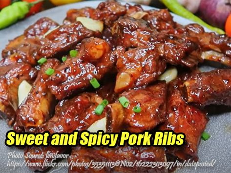 Sweet and Spicy Pork Ribs in Oyster Sauce are a mouthwatering treat for your taste buds! Tender pork ribs are caramelized with brown sugar and simmered in a savory oyster sauce, sweet chili sauce, and garlic. Garnish with fried garlic or chopped spring onions for a pop of flavor and color. This recipe is easy to follow and perfect for any occasion! #SweetSpicyRibs Tender Pork Ribs, Sweet And Spicy Pork, Chinese Noodle Dishes, Spicy Pork, Garlic Fries, Spring Onions, Sweet Chili Sauce, Chicken Livers, Chinese Dishes