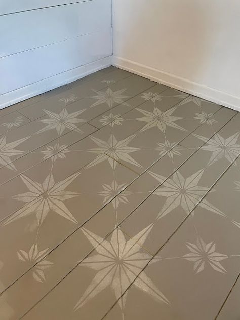 Stenciled Wood Floors, Stenciled Floor Wood, Floor Stencil Ideas, Particle Board Floor, Paint Particle Board, Stenciled Floors, Stencil Rug, Entryway Makeover, Entryway Flooring