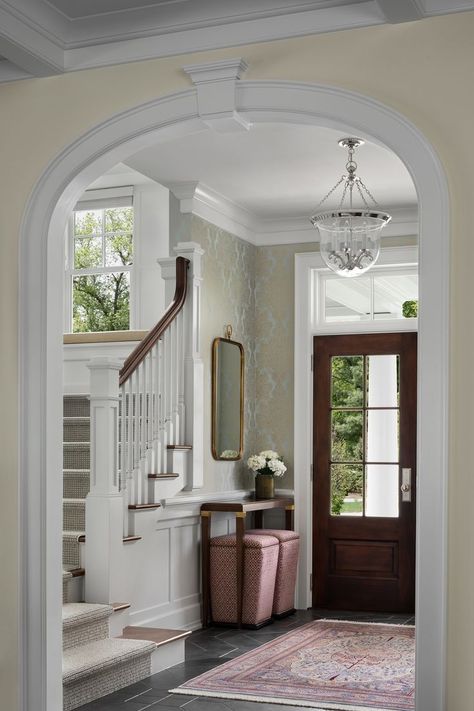 #foyer #entry #archdoorway #beigepaint #entryfixture #woodrailing #traditional Colonial Home Interior, Foyer With Stairs, Traditional Foyer, Dutch Colonial Homes, Cream Palette, Shingle Style Homes, Deep River, Colonial Home, Pale Turquoise