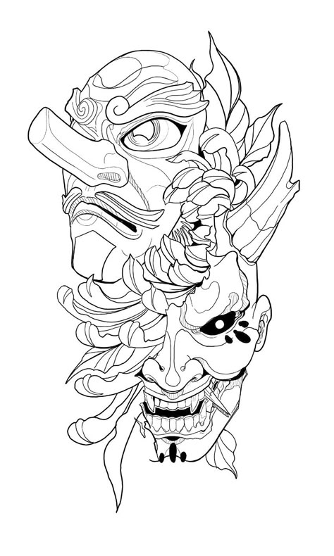 Hannya Mask Art, Japanese Oni Tattoo, Hannya Mask Tattoo Design, Oni Mask Drawing, Japanese Oni Mask Drawing, Tengu Mask Tattoo, Japanese Tattoo Art Oni Mask, Samurai Mask Tattoo Stencil, Tengu Mask