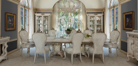 Michael Amini Furniture Designs | amini.com Michael Amini Furniture, Luxurious Dining Table, Round Dining Room Sets, Antique Mirror Glass, Antiqued Mirror, Michael Amini, Winter Furniture, Table Sets, Living Room And Dining Room