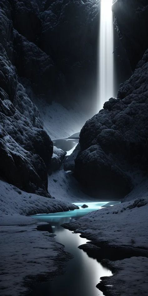 The image is a dark and moody landscape. A narrow canyon is formed by two tall, rocky cliffs. The cliffs are covered in snow. At the end of the canyon, there is a waterfall. The water is a bright blue, and it falls from a great height. The waterfall creates a mist that fills the canyon. The only light in the image is coming from the waterfall. It creates a dramatic and mysterious scene. Rocky Waterfall, Cave Waterfall, Moody Landscape, Office Lobby, Dark And Moody, Image Generator, It's Fall, Stables, Bright Blue