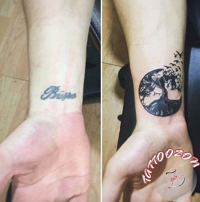 Cover Up Name Tattoos, A Name Tattoo, Tatuaje Cover Up, Cover Up Tattoos For Women, Best Cover Up Tattoos, Name Tattoos On Wrist, Wrist Tattoo Cover Up, Tattoo Tree, Bird Tattoo Wrist