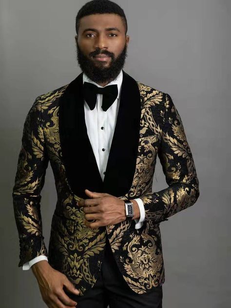 2020 Elegant Fashion Black Gold Floral Men Suits 2 Piece Groom Suit S - Shop New Look Black And Gold Suit Men, Suits For Men Prom, Grooms Tux, Kid Tuxedo, Backless Shoes, Wedding Suits For Men, Groomsmen Ideas, Harry Wedding, Prom Tuxedo