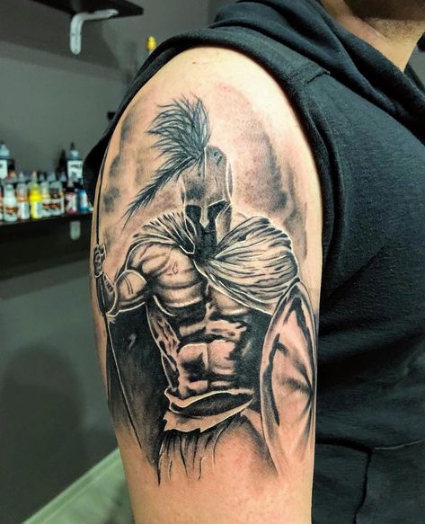 Spartan Tattoo Arm Men, Samauri Tattoos, Sparta Tattoo Design, Warrior Tattoos For Men, Spartan Tattoo Ideas, Warrior Tattoo Sleeve, Gladiator Tattoo, Black Line Tattoo, Warriors Pictures